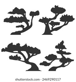 Bonsai trees vector black silhouettes set isolated on a white background.