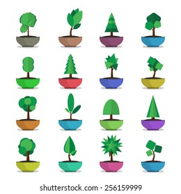 bonsai trees vector  icons set japanese style