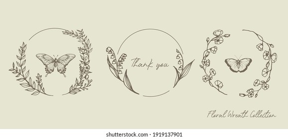 Bontanical Floral Flower Wreath  Elements Sketch Drawing  Wedding Invitation  Thank you Card  Greeting Card  Flyer  Decorative Element  Use 