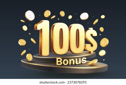 Bonus 100 dollar and coins coupon special voucher, Check banner special offer. Vector illustration