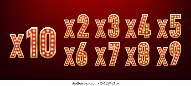 Bonus 1x, 2x, 3x, 4x, 5x, 6x, 7x, 8x, 9x, 10x prize winner, big jackpot game, casino sign set. Shining retro frame. Retro lightboxes, casino gambling. Vector illustration