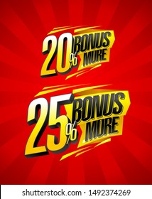 Bonus 20% and 25% more, sale symbols set