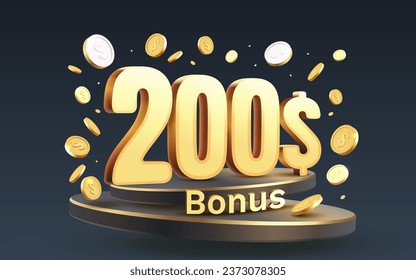 Bonus 200 dollar and coins coupon special voucher, Check banner special offer. Vector illustration