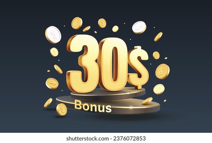 Bonus 30 dollar and coins coupon special voucher, Check banner special offer. Vector illustration