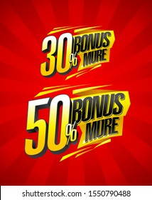 Bonus 30% more and 50% more, vector sale symbols set