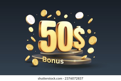 Bonus 50 Dollar und Münzen Coupon-Gutschein, Banner-Sonderangebot prüfen. Vektorgrafik