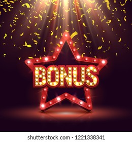 Bonus banner illuminated by spotlights with retro star and falling confetti. Vector illustration.