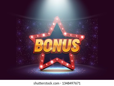 Bonus banner illuminated by spotlights with retro star. Vector illustration.