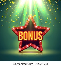 Bonus banner illuminated by spotlights with retro star and confetti. Vector illustration.