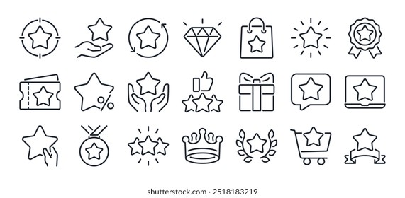 Bonus, benefit, offer and reward editable stroke outline icons set isolated on white background flat vector illustration. Pixel perfect. 64 x 64