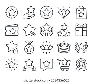 Bonus, benefit, offer and reward editable stroke outline icons set isolated on white background flat vector illustration. Pixel perfect. 64 x 64