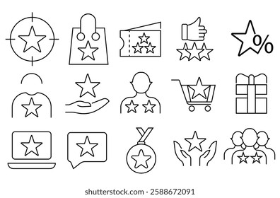 Bonus, benefit, offer and reward editable stroke outline icons set isolated on white background flat vector illustration