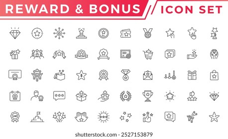 Bonus, benefit, reward, and offer stroke outline icons set