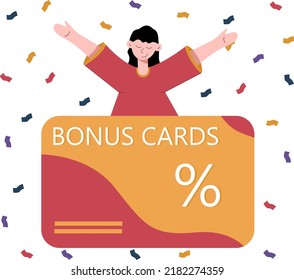 Bonus card. The girl joyfully raises her hands up
