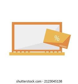 Bonus card and laptop in orange color. Flat design, vector element for online shop, infographic, landing page, app or web ui, icon