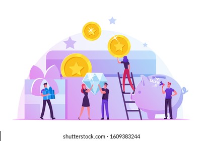 Bonus Card, Loyalty Program, Earn Reward, Redeem Gift, Perks Concept. Tiny Male and Female Characters Holding Huge Golden Coins, Brilliant and Gift Boxes at Piggy Bank. Flat Vector Illustration