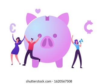 Bonus Card, Loyalty Program, Earn Reward, Redeem Gift, Perk Concept. Tiny Male and Female Characters Happily Jumping near Piggy Bank, Woman Promoter Shout to Megaphone. Cartoon Vector Illustration