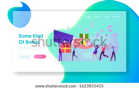 Bonus Card, Loyalty Program, Earn Reward, Redeem Gift, Perks Website Landing Page. Huge Hand Giving Gift Box to Characters near Piggy Bank with Money Web Page Banner. Cartoon Flat Vector Illustration