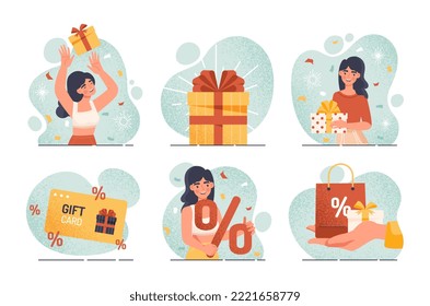 Bonus cards and gifts. Collection of advertising posters and banners for website, modern marketing methods, special offer and promotion. Cartoon flat vector illustrations isolated on white background