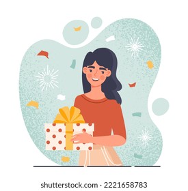 Bonus cards and gifts. Happy woman stands with box in her hands, surprise and special offer for regular customers. Modern methods of marketing and promotion. Cartoon flat vector illustration