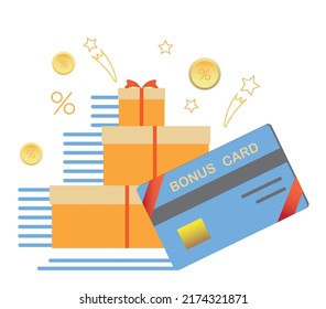 Bonus cashback income loyalty program sign concept. Credit or debit plastic card with returned coins to bank account. Refund money service design. Points cash back symbol vector isolated illustration