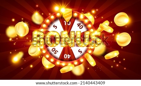 Bonus casino banner, vector jackpot prize game sign, flying gold coins, retro lucky wheel, light bulb. Fortune spin bonus illustration lottery winner celebration background. Bonus promotion