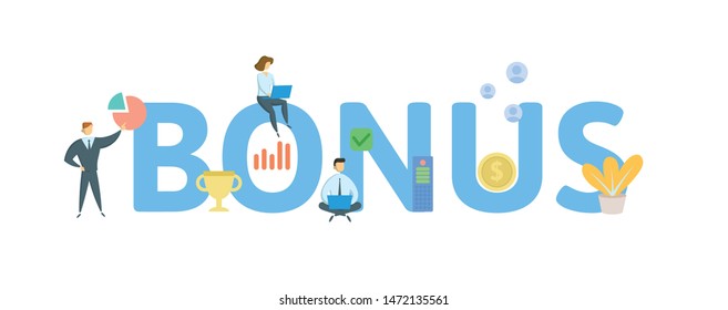 BONUS. Concept with people, letters and icons. Colored flat vector illustration. Isolated on white background.