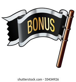 Bonus e-commerce icon on black, silver, and gold vector flag good for use on websites, in print, or on promotional materials