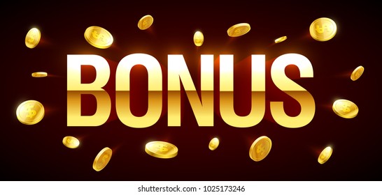 Bonus, gambling games casino banner with Bonus inscription and gold explosion of coins around, vector illustration