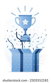 Bono, caja de regalo con taza ganadora sobre fondo blanco. Afiche del premio ganador. Premio, copa, celebración, ganar caja de regalo. Anuncio extra de la etiqueta de bonificación. Regalo sorpresa, trofeo. Ilustración vectorial plana