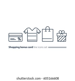 Bonus gift card, shopping bag, buy clothes, vector line icons