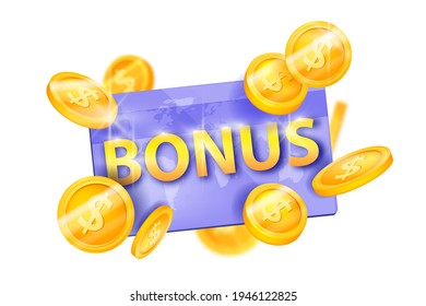 Programa de fidelización de vectores de tarjetas de regalo de bonos, ilustración de cupón de descuento para ganadores, monedas de oro voladoras. Recompensa del cliente, puntos de certificado, concepto 3D aislado de cashback. tarjeta de descuento por vacaciones de cliente VIP