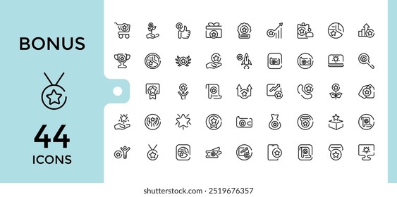 Bonus gift and discount line icons set. Lottery ticket, Earn reward and winner gift icons. Thin outline icons pack. Vector illustration