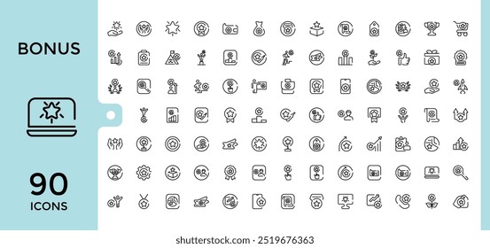 Bonus gift and discount line icons set. Lottery ticket, Earn reward and winner gift icons. Thin outline icons pack. Vector illustration