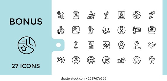 Bonus gift and discount line icons set. Lottery ticket, Earn reward and winner gift icons. Thin outline icons pack. Vector illustration