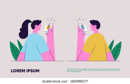 Bonus gift receiving, online reward. Set of two characters with smartphone. Flat vector illustration.