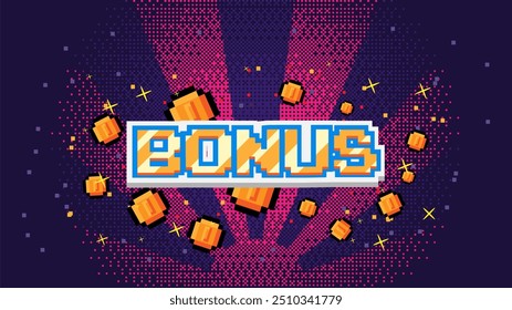 Bonos y monedas de oro. Pixel Art. Juego de 8 bits. Juego retro. Para activos de juego en Ilustraciones vectoriales de Muestra gratis arcade vintage	