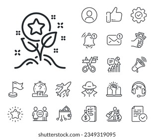 Bonus grows. Salaryman, gender equality and alert bell outline icons. Loyalty points line icon. Discount program symbol. Loyalty points line sign. Spy or profile placeholder icon. Vector