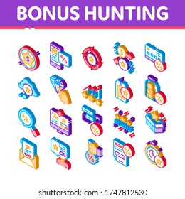 Bonus Hunting Collection Elements Icons Set Vector. Magnifier And Bag With Percent Mark, Star, Diamond And Bonus Coins In Bottle Isometric Illustrations