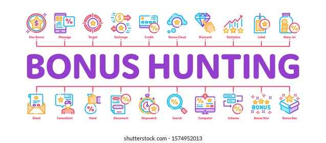 Bonus Hunting Minimal Infographic Web Banner Vector. Magnifier And Bag With Percent Mark, Star, Diamond And Bonus Coins In Bottle Concept Illustrations