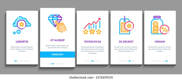 Bonus Hunting Onboarding Mobile App Page Screen. Magnifier And Bag With Percent Mark, Star, Diamond And Bonus Coins In Bottle Concept Illustrations