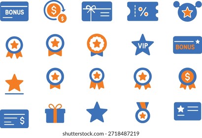 Bonus-Icon Set blau und orange flache Vektorsammlung von Treueprogrammelementen und Belohnungen