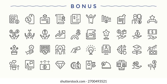 Conjunto de iconos de bonificación. Paquete de iconos de recompensa. Incluye símbolos de línea delgada, ganar, recompensa, regalo, crédito, beneficio, premio, incentivo y más. colecciones de Vector.