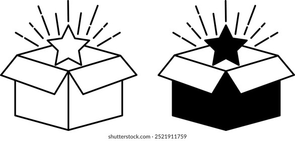 Bonus Icons. Black and White Vector Icons. Opened Gift Box and Star. Holiday and Shopping Concept