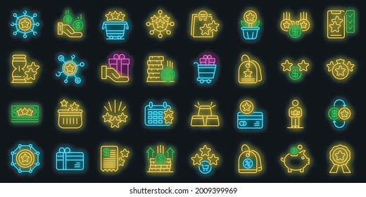 Bonus icons set. Outline set of bonus vector icons neon color on black