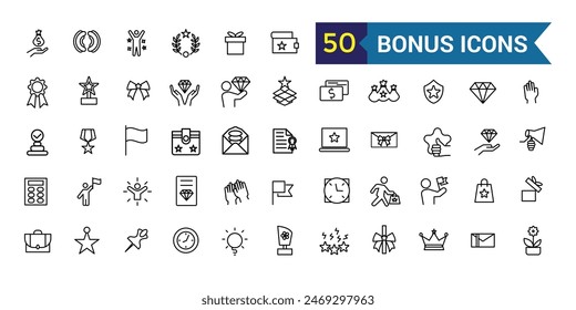 Bonus icons set. Outline set of bonus vector icons for ui design. Outline icon collection. Editable stroke.