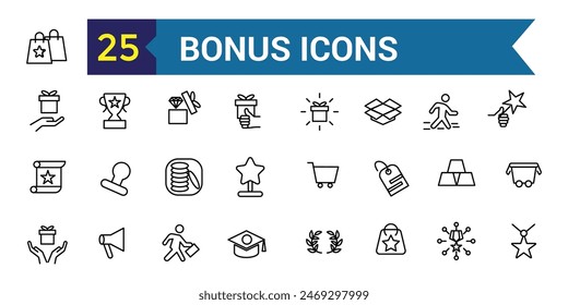 Bonus icons set. Outline set of bonus vector icons for ui design. Outline icon collection. Editable stroke.