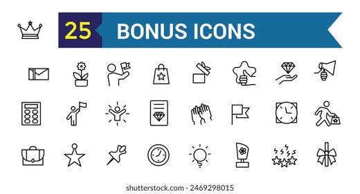 Conjunto de iconos de bonificación. Conjunto de iconos de vectores de bonificación para el diseño de ui. Colección de iconos de esquema. Trazo editable.