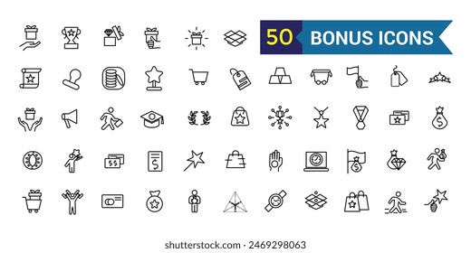 Bonus icons set. Outline set of bonus vector icons for ui design. Outline icon collection. Editable stroke.