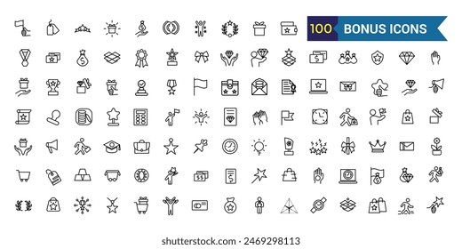 Conjunto de iconos de bonificación. Conjunto de iconos de vectores de bonificación para el diseño de ui. Colección de iconos de esquema. Trazo editable.